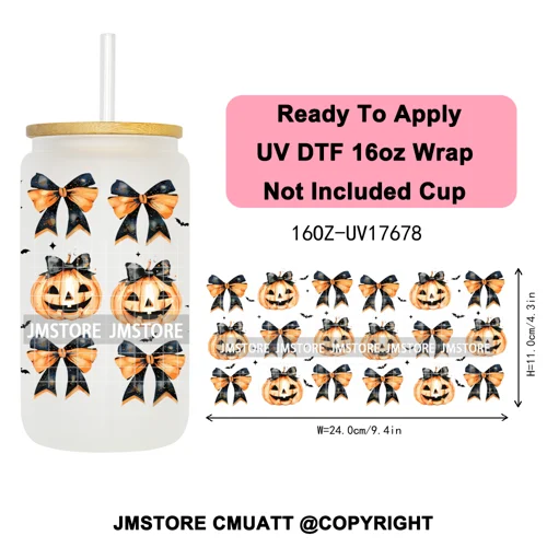 Halloween Fall Autumn Pumpkins Coquette Leopard Bow UV DTF Cup Wrap 16OZ Ready To Apply Transfer Stickers For Libbey Glass Can