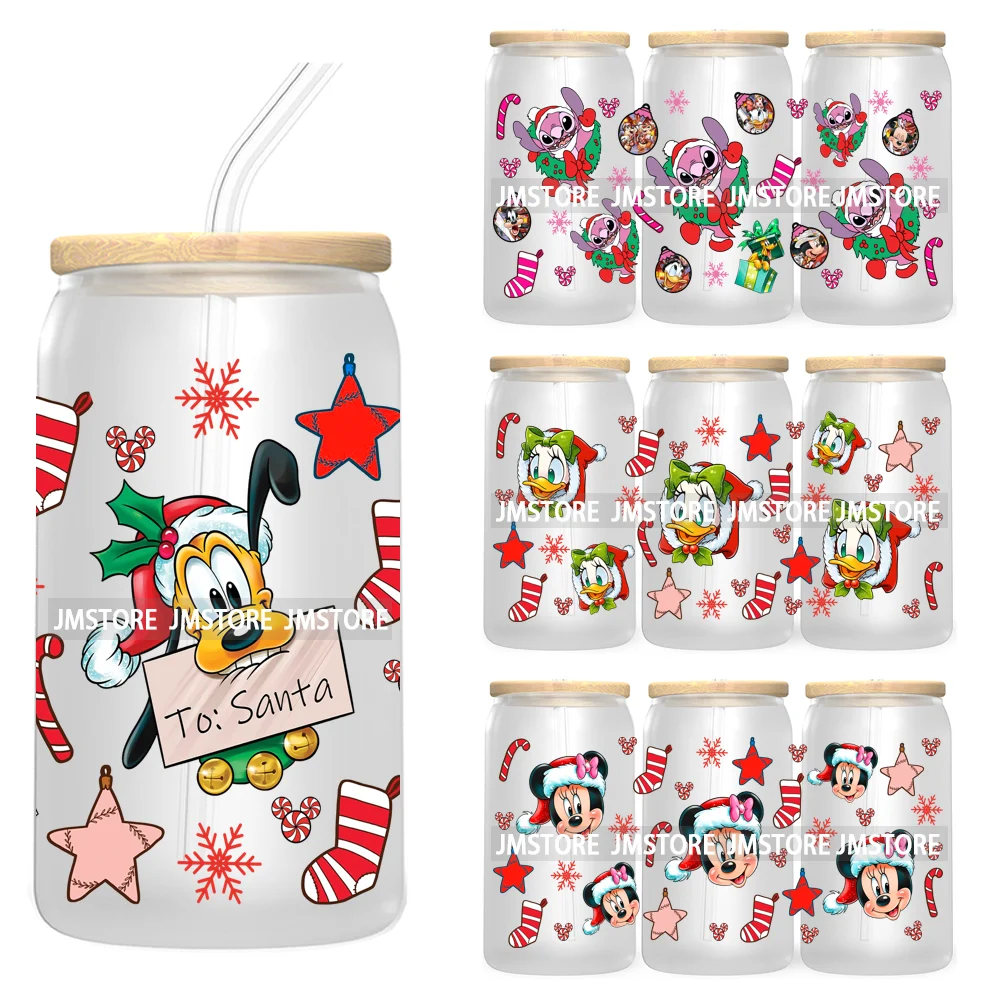 Cartoon Christmas Kids Friends 16OZ UV DTF Cup Wrap Waterproof Transfer Stickers For Libbey Glass Can Candy Cane Merry Christmas