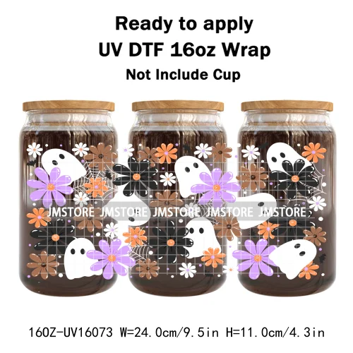 Cute Halloween Ghost Black Cat UV DTF Wraps Transfer Sticker Selfadhesive Waterproof Prints For 16OZ Libbey Glass Can Tumbler