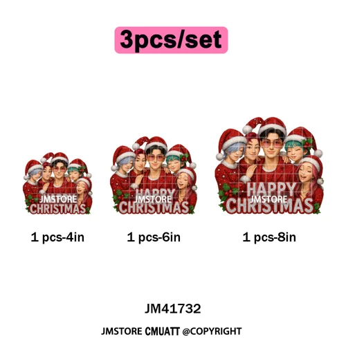 Cute Santa Kpop Inspired Movie Character Merry Christmas Holly Iron on DTF Washable Transfer Stickers Ready to Press for Textile