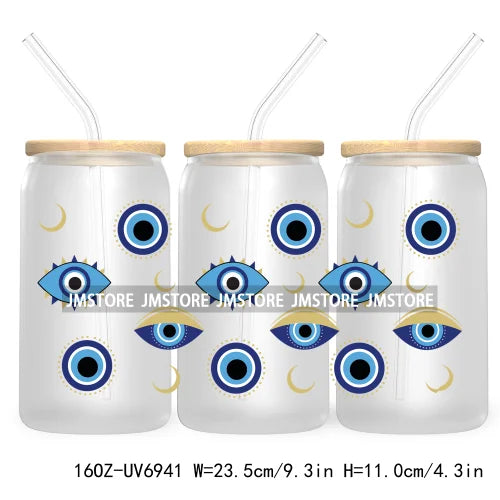 Blue Evil Eye 16OZ UV DTF Cup Wrap Transfers Stickers For Libbey Glass Can Cups Tumbler Waterproof Craft Mexican Culture Wraps