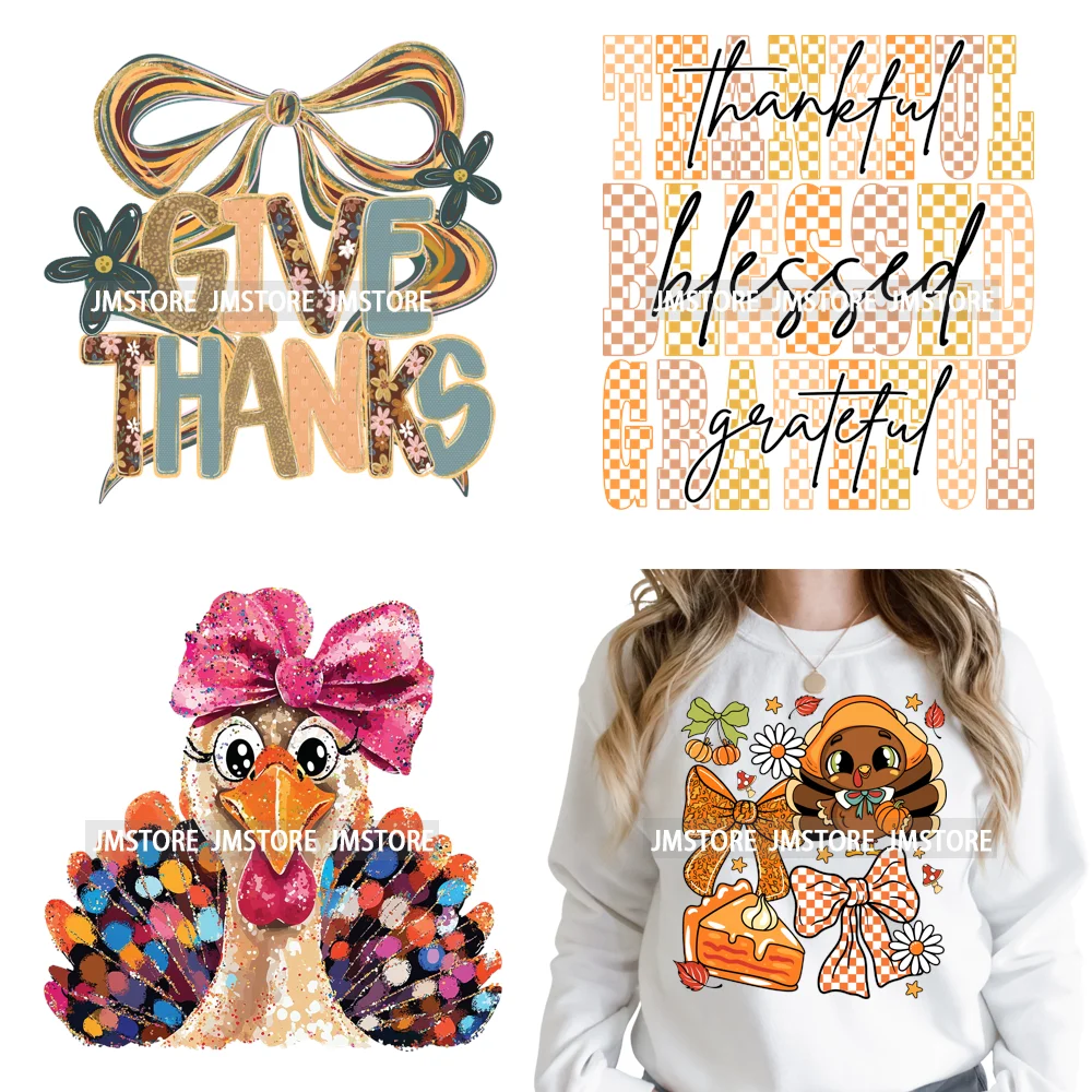 Trendy Give Thanks Coquette Gobble Turkey Bow Girly Fall Blessed Iron on DTF Heat Transfers Stickers Ready to Press for Clothing