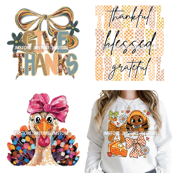 Trendy Give Thanks Coquette Gobble Turkey Bow Girly Fall Blessed Iron on DTF Heat Transfers Stickers Ready to Press for Clothing