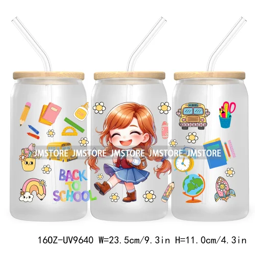 Back To School Cartoon Princess 16OZ UV Cup Wrap DTF Transfer Sticker For Libbey Glass Can Cups Tumbler Waterproof Label Teacher