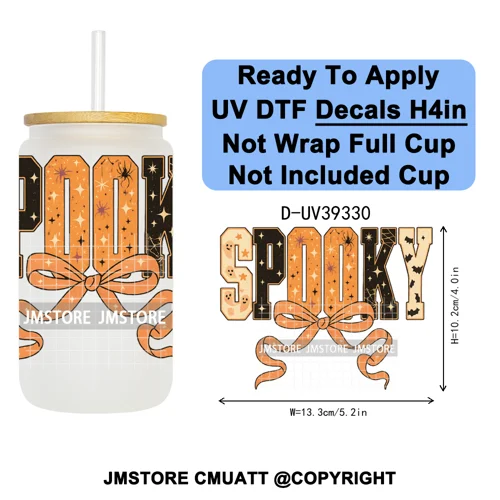 Stay Spooky Halloween Horror Pumpkin Coquette UV DTF Decals Ready To Apply Waterproof Transfer Sticker For 16OZ Libbey Glass Can