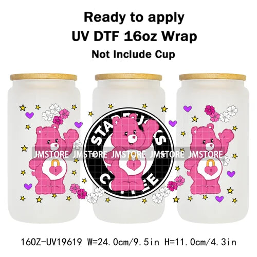 Cheerful Floral Hearts Cartoon Bears Clipart UV DTF Transfer Stickers Cup Tumbler Wrap For 16OZ Libbey Glass Bottle Cup Wraps