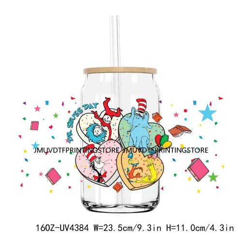 Cartoon Dr Seuss Love Reading Books UV DTF Sticker For 16OZ Libbey Glass Cup Can Wrap Transfer Sticker Custom Labels DIY Logo