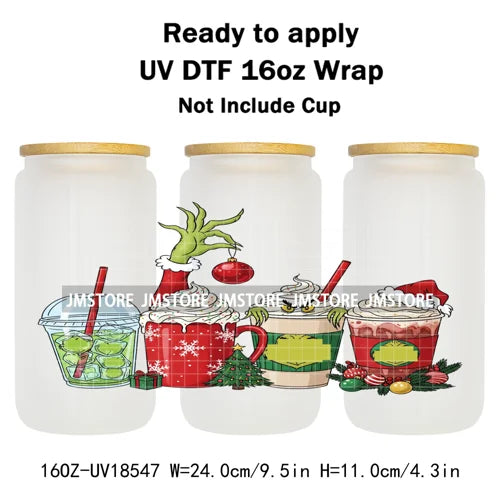 Coquette Bow Christmas Green Character UV DTF Stickers Ready To Apply Cup Wrap Custom Labels DIY Craft For Libbey Glass Can Mugs