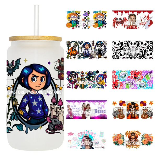 Halloween Nightmare Spooky Season 16OZ UV DTF Cup Wraps Ready To Apply Waterproof Transfer Stickers For Libbey Glass Can Tumbler