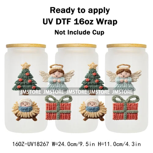 Faux Yarn Crochet Jesus Christmas Religious UV DTF Stickers Ready To Apply Cup Wrap Custom Labels DIY Craft For Libbey Glass Can