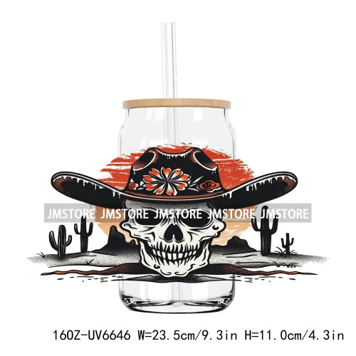 Boho Western Country Cowboy Skull Vibes UV DTF Sticker For 16OZ Libbey Glass Cup Can Wrap Transfer Sticker Custom Label DIY Logo