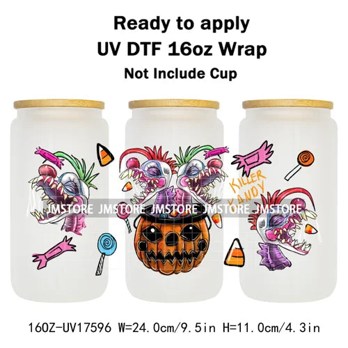 Movies Characters Horror Halloween Cartoon 16OZ UV DTF Cup Wraps Ready To Apply Waterproof Transfer Sticker For Libbey Glass Can