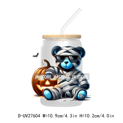 Spooky Halloween Horror Bear UV DTF Transfer Stickers Decals For Libbey Cold Cups Mugs Tumbler Waterproof Labels Scary Pumpkin