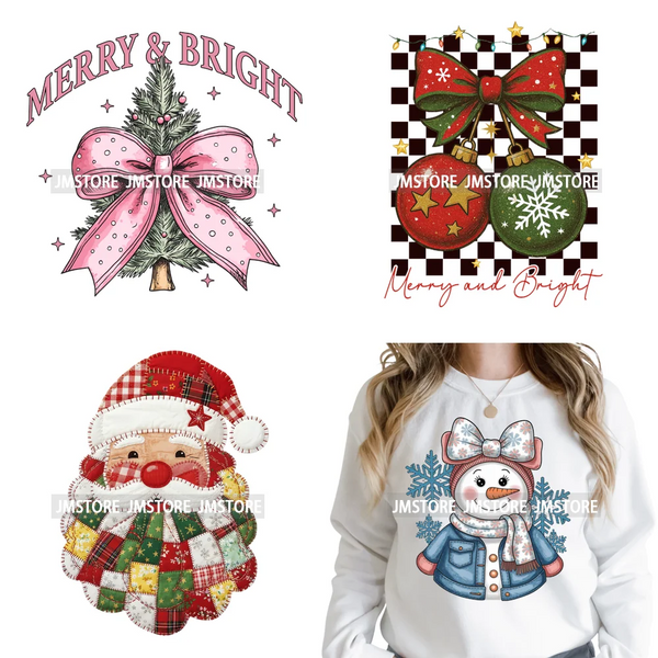 Merry and Bright Coquette Patchwork Santa Christmas Holiday Season Iron on DTF Heat Transfer Stickers Ready to Press for Hoodies