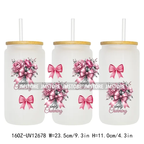 Iced Coffee Girly Pink Cherry Coquette Bow UV DTF Sticker For 16OZ Libbey Glass Cup Can Wrap Transfer Stickers Custom Labels