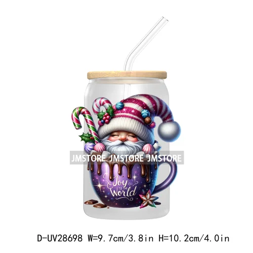 Festive Christmas Gnome Candy Cane UV DTF Transfer Stickers Decals For Libbey Cold Cups Mugs Tumbler Labels Cartoon Characters