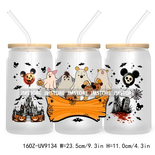 Mouse And Friends Halloween 16OZ UV DTF Cup Wrap Transfer Stickers Custom Labels Waterproof For Libbey Glass Can Magical Kingdom