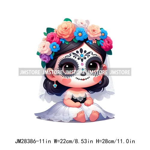 Cute Mexican Day Of The Dead Skeleton Catrina Princess Dolls Iron On DTF Heat Press Transfers Stickers Printing For Clothes