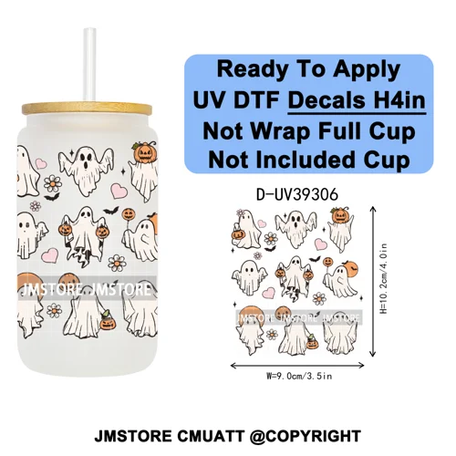 Stay Spooky Halloween Horror Pumpkin Coquette UV DTF Decals Ready To Apply Waterproof Transfer Sticker For 16OZ Libbey Glass Can