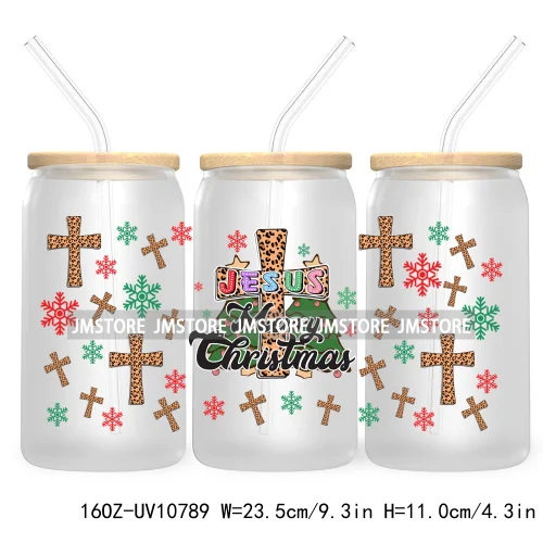 Religious Jesus Christmas UV DTF Cup Wrap For Libbey Glass Can Transfer Stickers Waterproof Custom Labels Christian Cross Bow