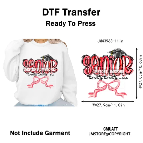 Preppy Coquette Senior 2026 Mega Graduate Cap Varsity Iron on Washable DTF Heat Transfers Stickers Ready to Press for Textiles