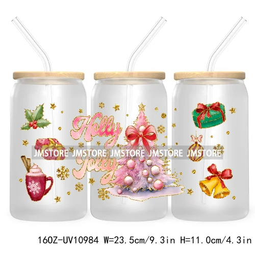 Coquette Glitter Holly Jolly Christmas Tree UV DTF Cup Wrap For Libbey Glass Can Transfer Stickers Waterproof Custom Labels Gift