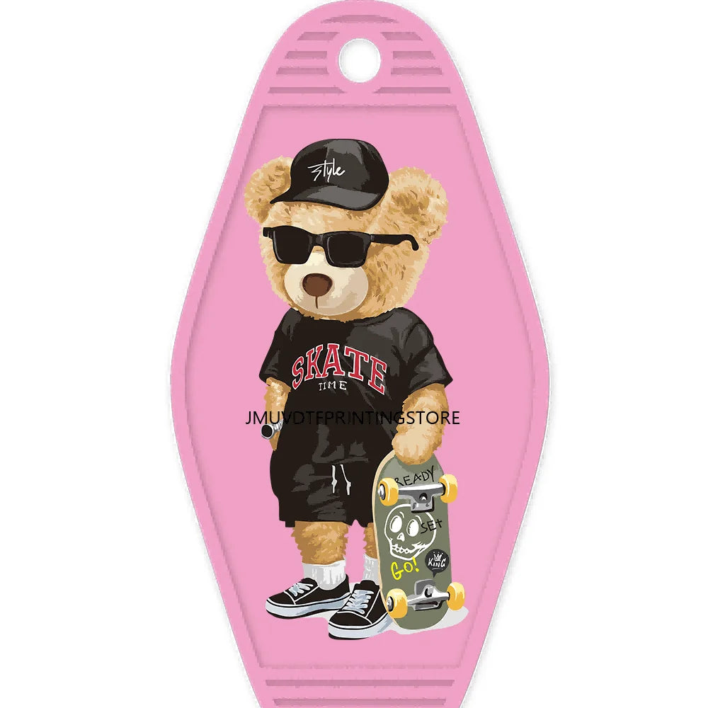 Cute Pink Teddy Bear Girl High Quality WaterProof UV DTF Sticker For Motel Hotel Keychain Brown Bears Baseball