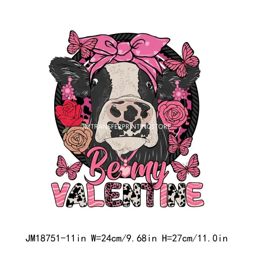 Hot Sale Western Highland Cow Pink Be Mine Heifer Valentine Printing DTF I Love Moo XOXO Heat Transfer Stickers For Hoodies