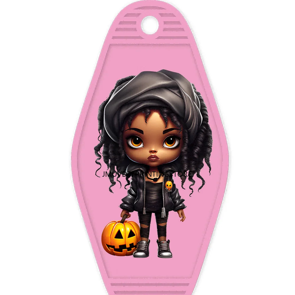 Halloween Pumpkin Cute Afro Girls High Quality WaterProof UV DTF Sticker For Motel Hotel Keychain Festival Gifts