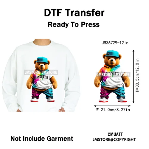 12in Cool Retro Urban Streetwear Graffiti Hip Hop Teddy Bear Iron On DTF Washable Transfers Stickers Ready to Press For Clothing