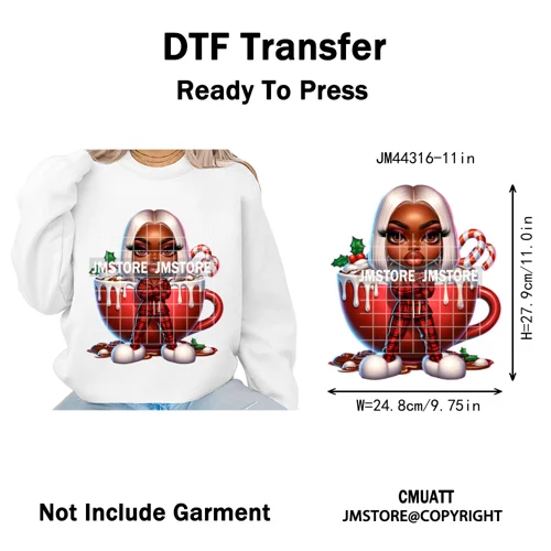 Sassy Black Girl Santa Christmas Bright Gingerbread Iron on Washable DTF Heat Transfers Stickers Ready to Press for Sweatshirts