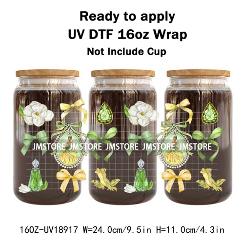Coquette Bow Cartoon Princess Mirror UV DTF Cup Wrap Ready To Apply Transfer Stickers Waterproof Logo For 16OZ Libbey Glass Can
