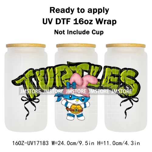 Coquette Bow Cartoon Turtles Characters 16OZ UV DTF Cup Wraps Ready To Apply Waterproof Transfer Stickers For Libbey Glass Can