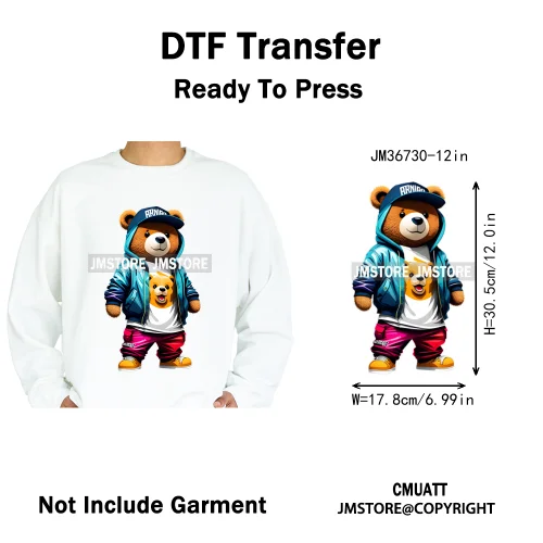 12in Cool Retro Urban Streetwear Graffiti Hip Hop Teddy Bear Iron On DTF Washable Transfers Stickers Ready to Press For Clothing
