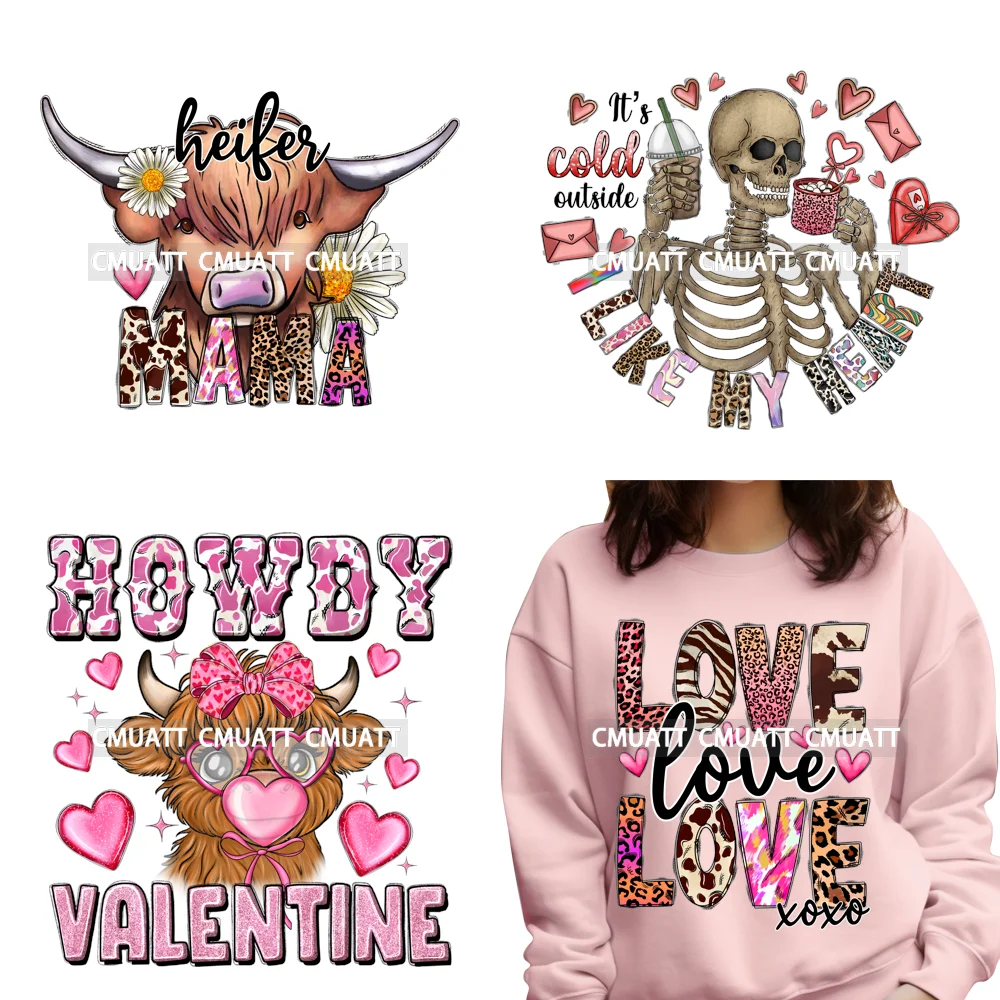 Howdy Cow Western Valentine Christian Jesus Coffee Hug Kiss Love Quotes Iron On DTF Transfer Stickers Ready To Press For Clothes