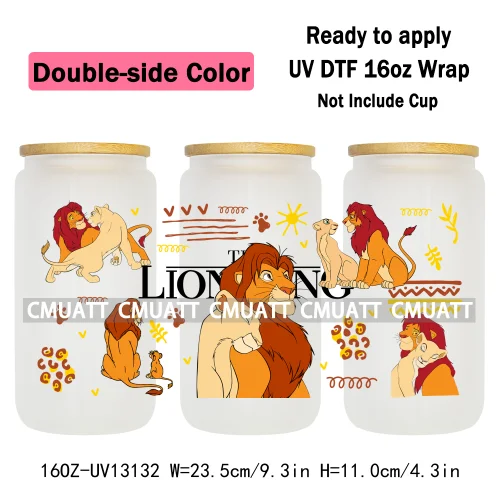 Double Side Color Cartoon Lion UV DTF Cup Wrap Transfer Stickers For 16oz Libbey Glass Beer Selfadhesive Waterproof Adhesive