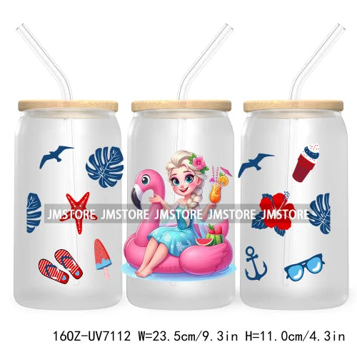 Cartoon Princess's Summer Vacation 16OZ UV DTF Cup Wrap Transfers Stickers For Libbey Glass Can Cups Tumbler Waterproof Craft