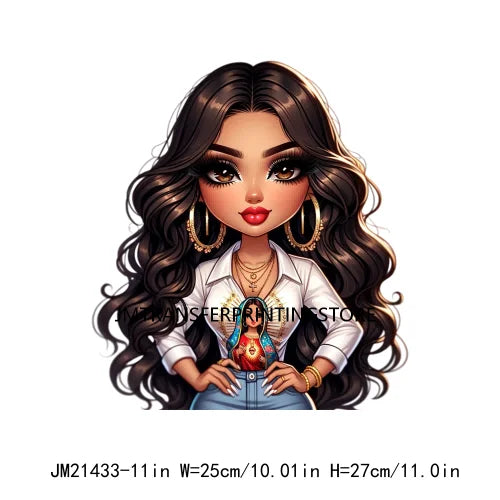 Chibi Cute Chicana Doll Guadalupe Lady Skull Latina Woman Cold Peel Decals Iron On DTF Transfers Stickers For Shirts Bags Pillow