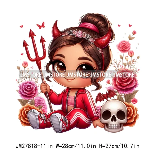 Chibi Cute Halloween Devil Latina Baby Hispanic Girls Skull Red Rose DTF Iron On Transfer Stickers Ready To Press For Sweatshirt