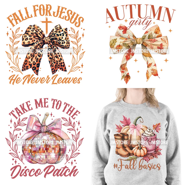 Fall Floral Coquette Bow Religious Jesus Autumn Girly Take Me To Pumpkin Patch DTF Iron On Transfers Stickers For T-shirt Bags