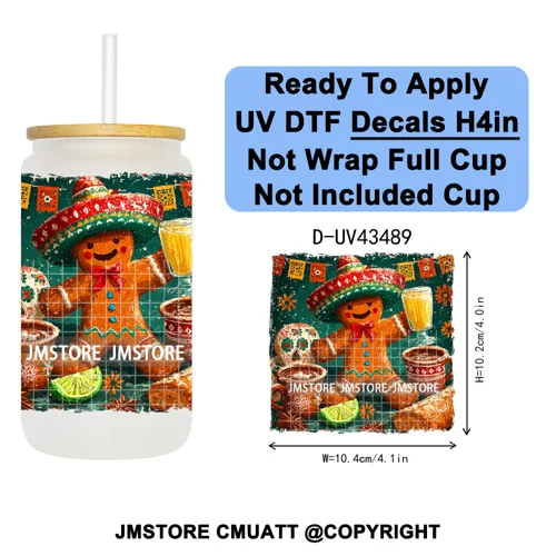 Feliz Navidad Mexican Christmas UV DTF Decals Ready To Apply Waterproof Transfer Stickers DIY Crafts For 16OZ Libbey Glass Can