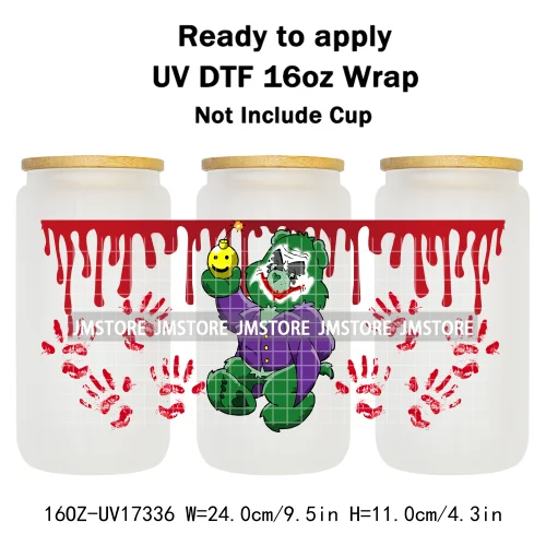 Scary Bears Halloween Pumpkins Horror Characters UV DTF Wraps Transfer Sticker Selfadhesive For 16OZ Libbey Glass Can Tumbler