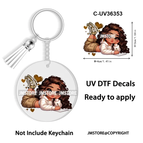 Cartoon Princess Reading Bookish UV DTF Decal Round Keychain Ready To Apply WaterProof Transfer Stickers For Circle Keychain