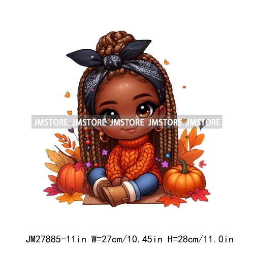 New Autumn Chibi Black Baby Girls Cartoon Afro Princess Pumpkin Fall Season DTF Iron On Heat Press Transfer Stickers For Hoodies