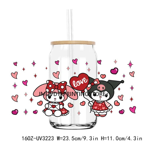 Cartoon Hello Girl Cat Valentine's Day UV DTF Sticker For 16OZ Libbey Glass Cup Can Wrap Transfer Sticker Custom Labels DIY Logo