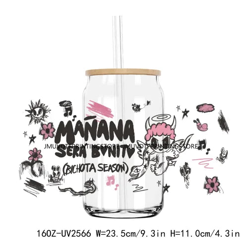 Pink Manana Sera Bonito UV DTF Sticker For 16OZ Libbey Glass Cup Can Wrap Transfer Sticker Custom Labels DIY Logo Bichota Season