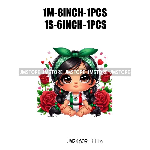 Cute Chibi Mexican Girl Designs Hispanic Red Rose Green Coquette Bow Latina Princess Iron On DTF Transfers Stickers For T-shirts