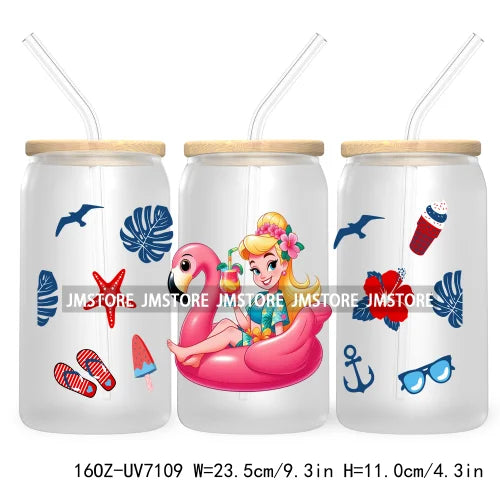 Cartoon Princess's Summer Vacation 16OZ UV DTF Cup Wrap Transfers Stickers For Libbey Glass Can Cups Tumbler Waterproof Craft