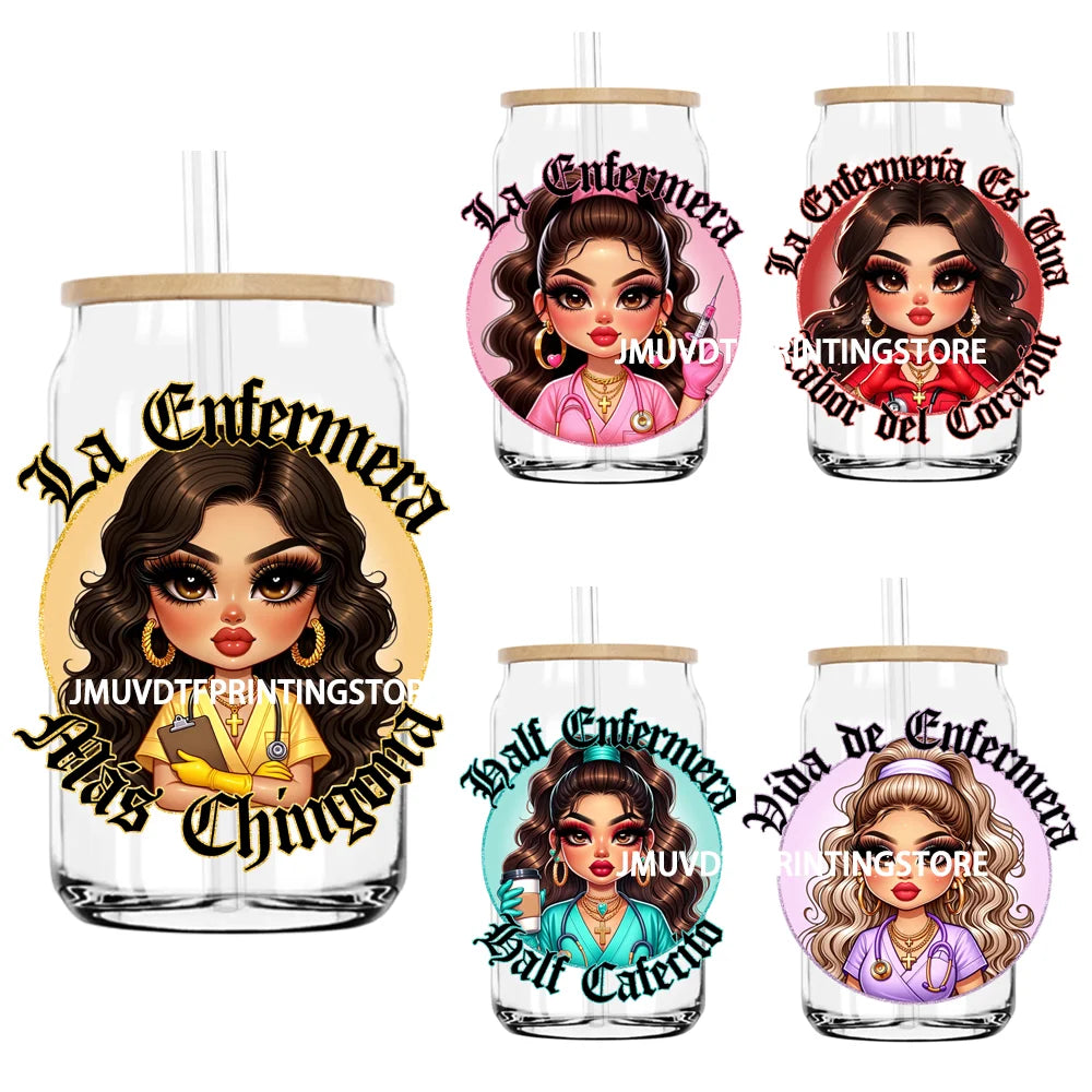 Chibi Mexican Latina Nurse Healthcare UV DTF Transfers Stickers Decals For Libbey Cold Cups Mugs Tumbler Waterproof DIY Craft