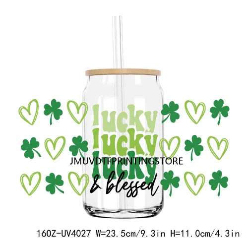 Lucky Blessed 16OZ UV DTF Cup Wrap Transfers Stickers Shamrock Four Leaf Custom Labels DIY Waterproof Logo For Libbey Glass Can